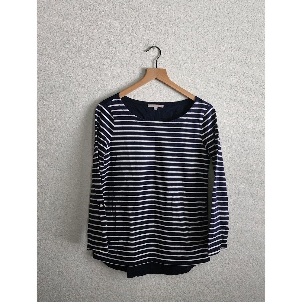 GAP Women's Boat Neck Navy Blue Striped Casual Small Top